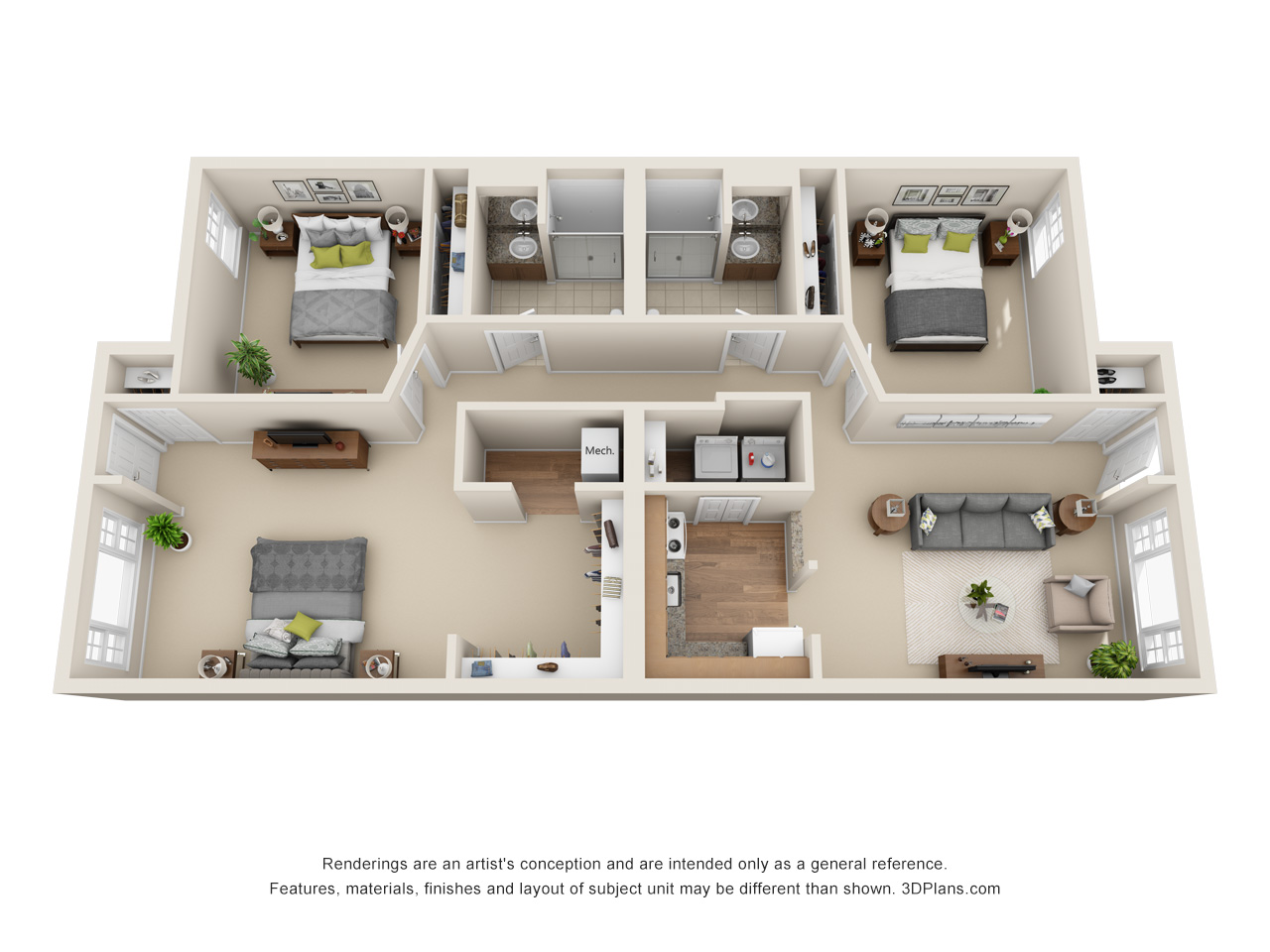 3D Floorplan of a independent living apartment in Rochester Hills, MI with 2 bed, 2 bath
