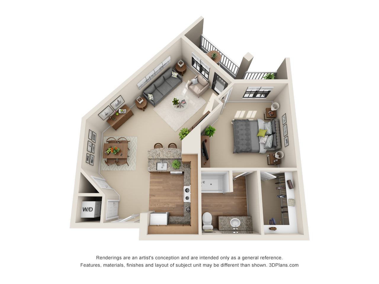 1 bedroom apartment 3D floorplan in Wildwood, Florida