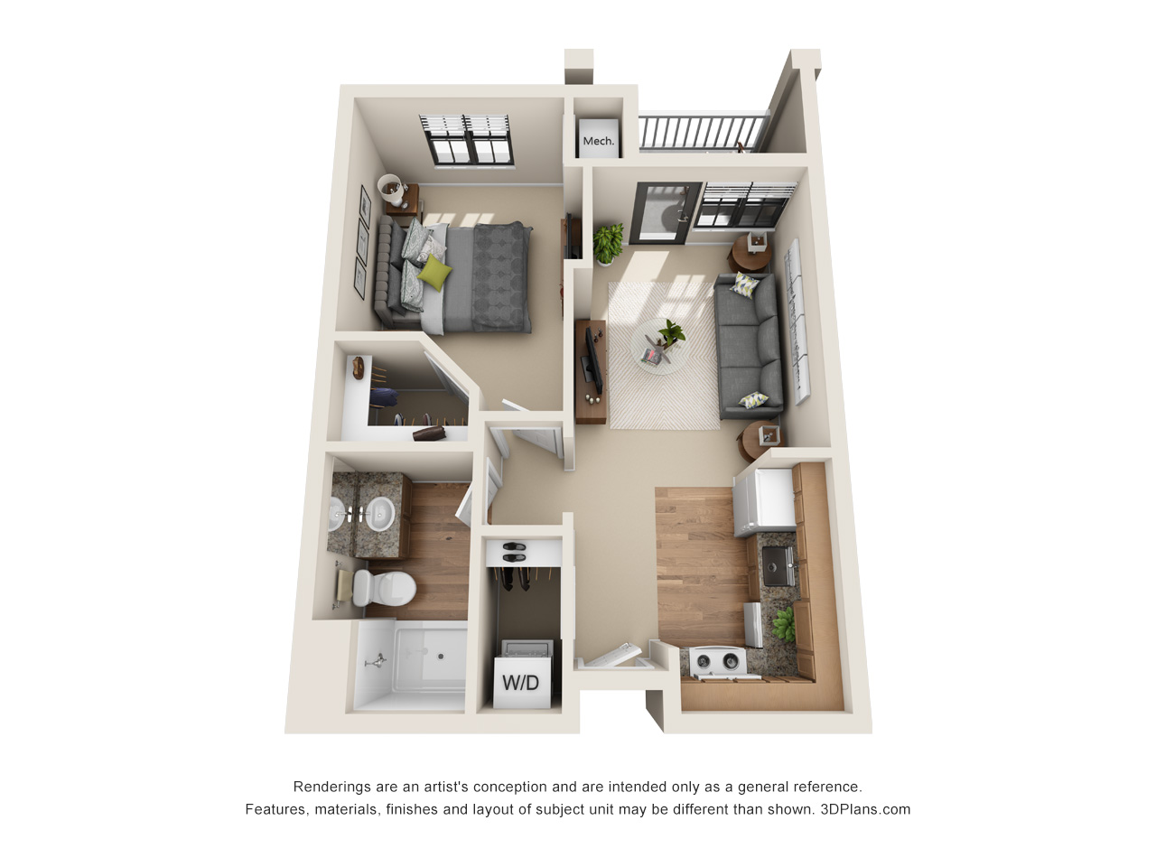 1 bedroom apartment 3D floorplan in Wildwood, Florida
