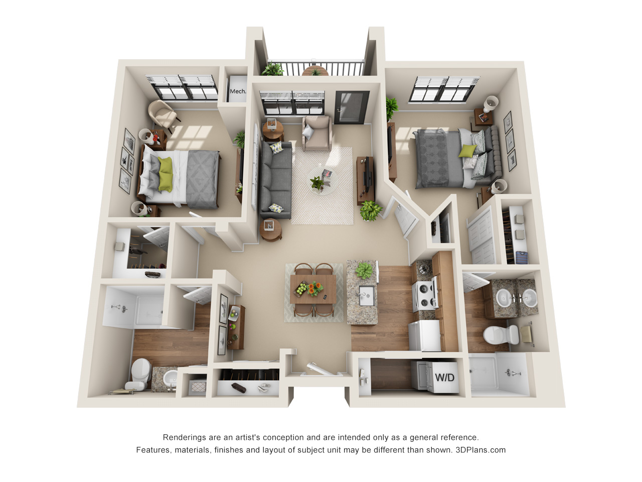 2 bedroom apartment 3D floorplan in Wildwood, Florida