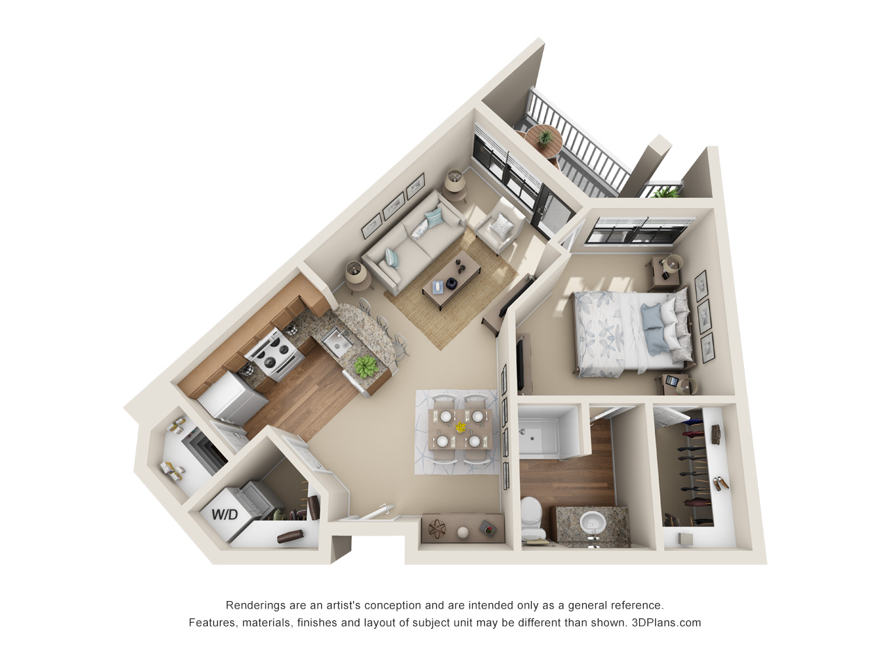 1 bedroom apartment 3D floorplan in Wildwood, Florida