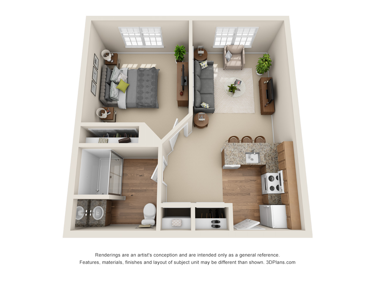 Assisted Living 1 bedroom apartment 3D floorplan in Zephyrhills, Florida