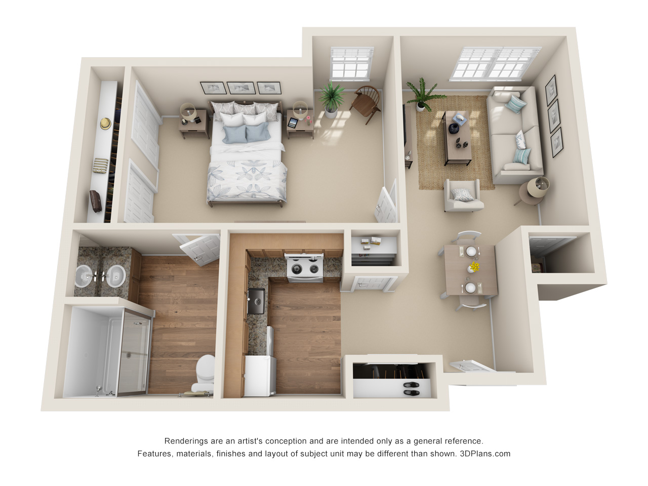 Assisted living 1 bedroom apartment 3D floorplan in Zephyrhills, Florida